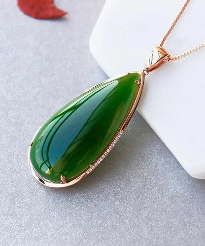 Simple Tea Green Sterling Silver 18K Inlaid Jade Pendant Necklace Ada Fashion