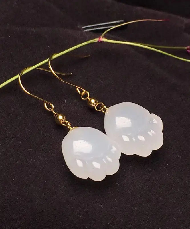 Simple White 14K Gold Jade Cat Paw Drop Earrings Ada Fashion