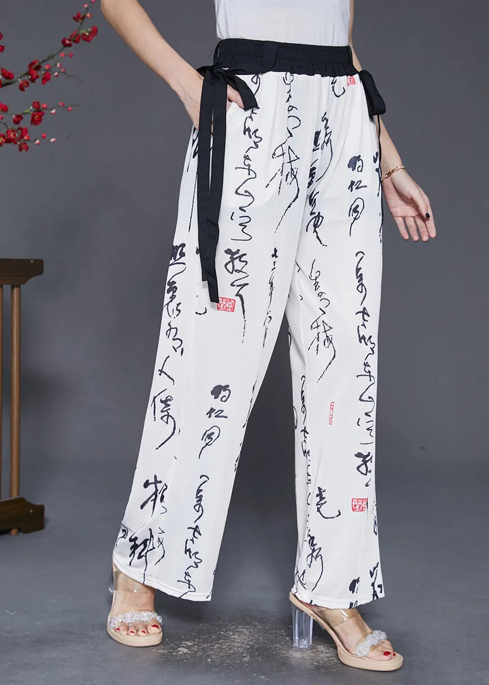 Simple White Elastic Waist Print Chiffon Straight Pants Fall Ada Fashion