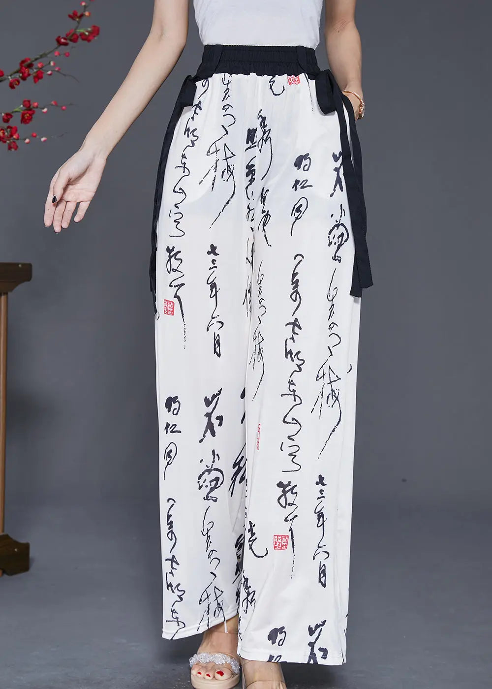 Simple White Elastic Waist Print Chiffon Straight Pants Fall Ada Fashion