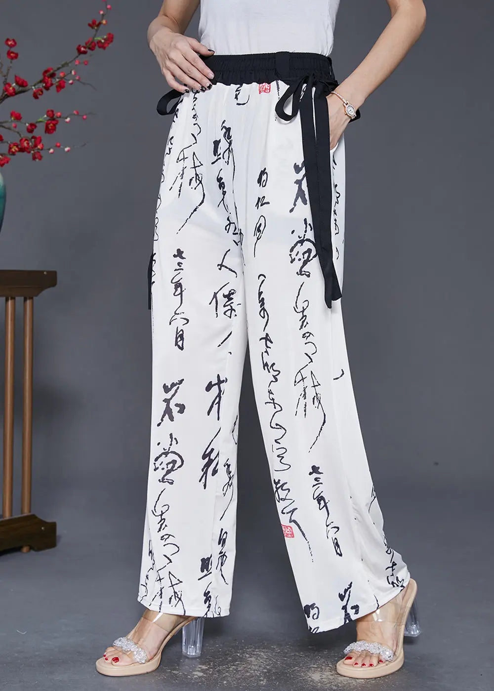 Simple White Elastic Waist Print Chiffon Straight Pants Fall Ada Fashion