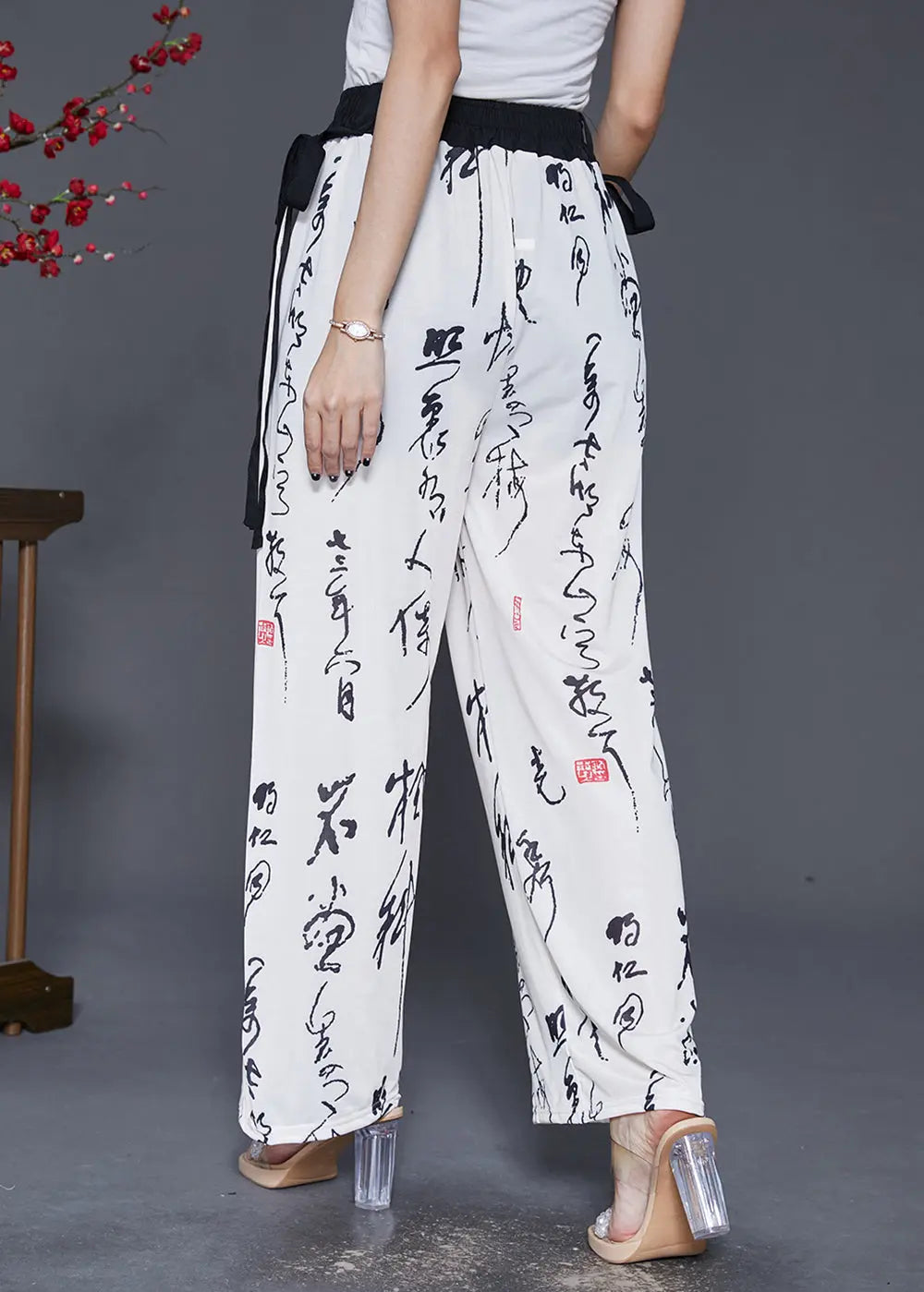 Simple White Elastic Waist Print Chiffon Straight Pants Fall Ada Fashion