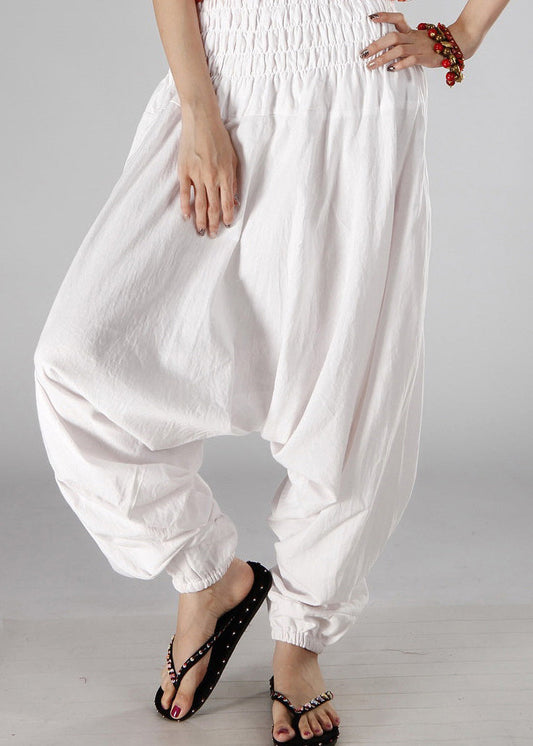 Simple White Elastic Waist Solid Cotton Lantern Pants Summer TQ1064 - fabuloryshop