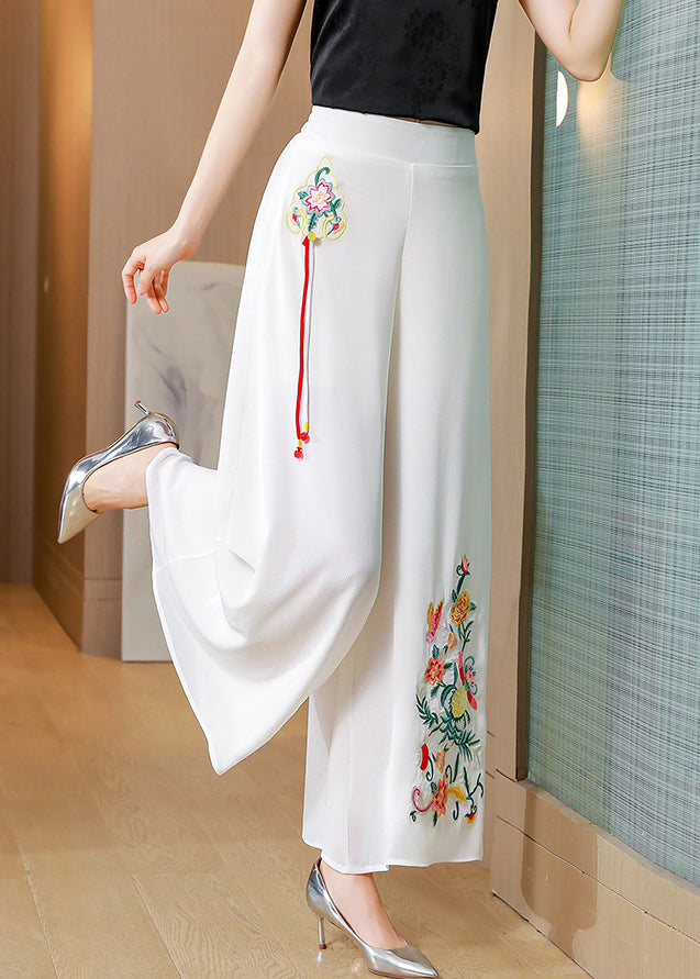 Simple White Embroideried Tassel Chiffon Straight Pants Summer LY0456 - fabuloryshop