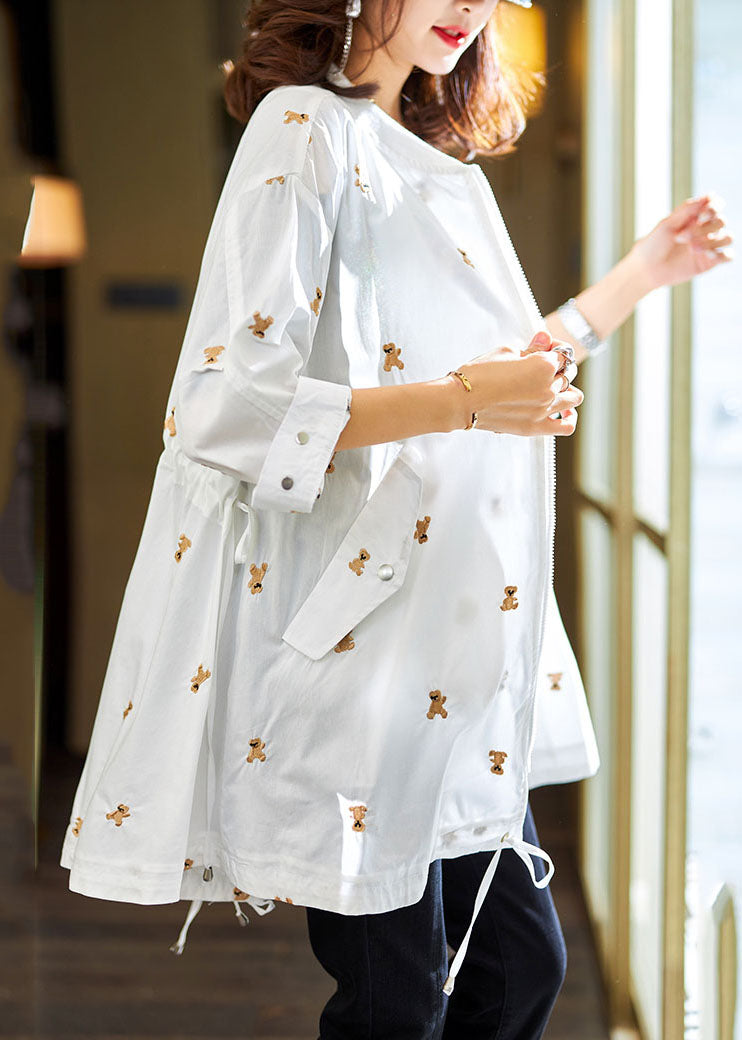 Simple White Little Bear Embroideried Zippered Drawstring Cotton Coats Fall Ada Fashion