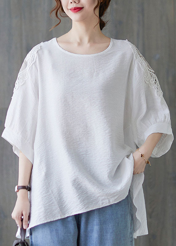 Simple White O-Neck Asymmetrical Patchwork Cotton T Shirt Summer LY5676 - fabuloryshop