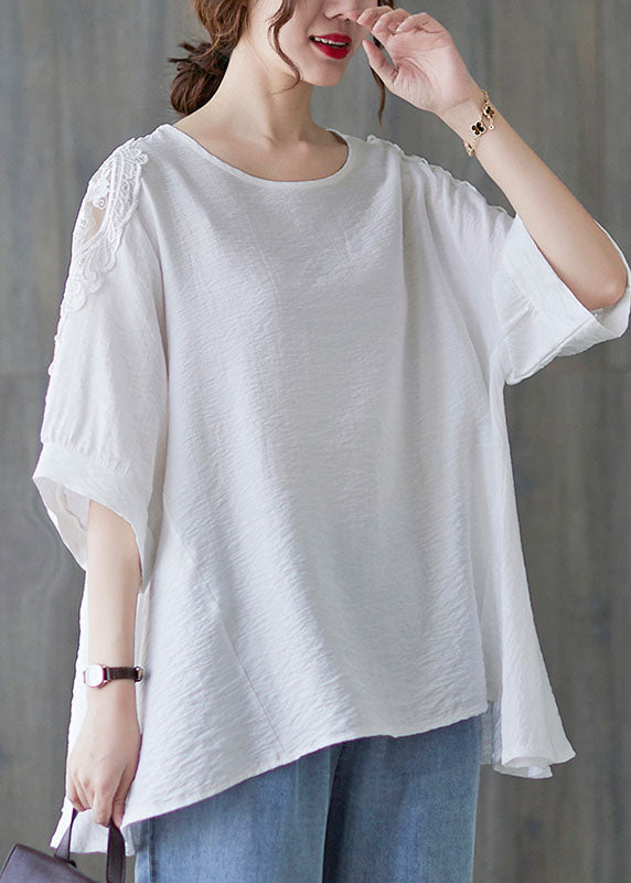 Simple White O-Neck Asymmetrical Patchwork Cotton T Shirt Summer LY5676 - fabuloryshop