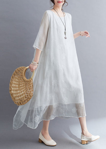 Simple White O Neck Embroideried Patchwork Chiffon Dresses Summer LY4904 - fabuloryshop