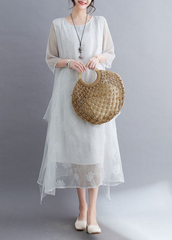 Simple White O Neck Embroideried Patchwork Chiffon Dresses Summer LY4904 - fabuloryshop