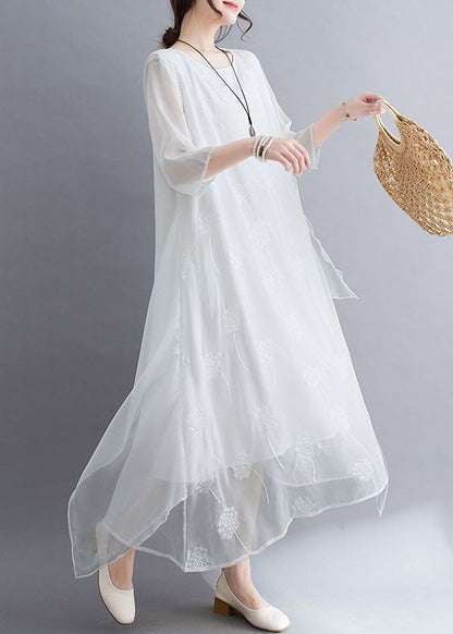 Simple White O Neck Embroideried Patchwork Chiffon Dresses Summer LY4904 - fabuloryshop