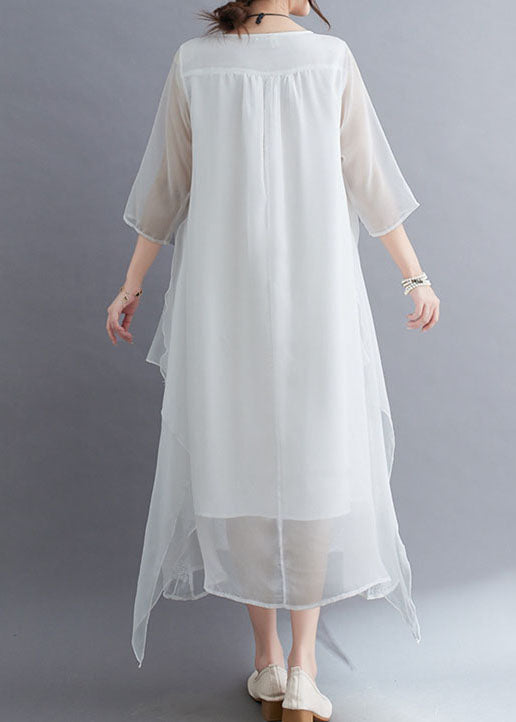 Simple White O Neck Embroideried Patchwork Chiffon Dresses Summer LY4904 - fabuloryshop