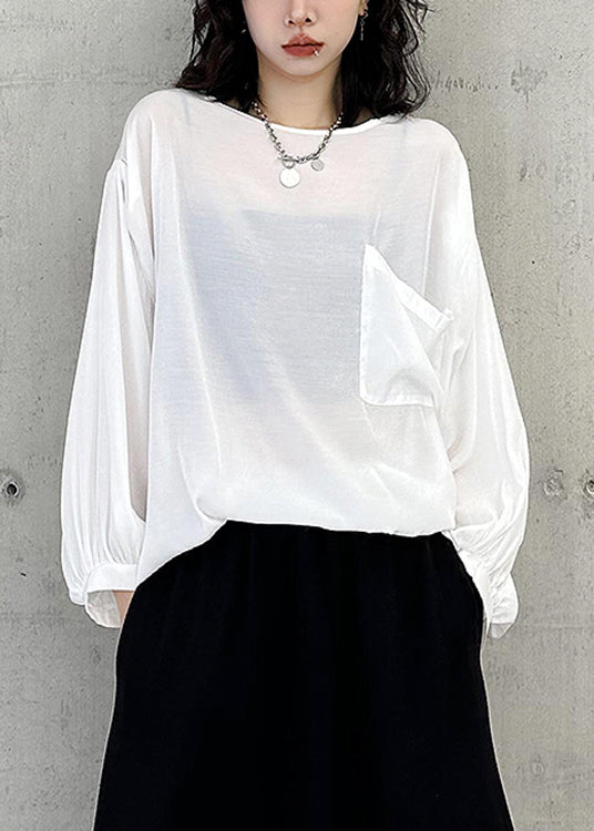 Simple White O Neck Pockets Patchwork Cotton Tops Batwing Sleeve Ada Fashion