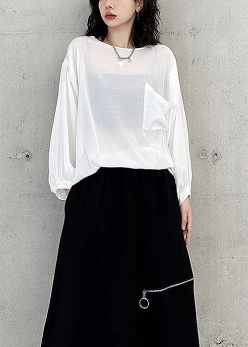 Simple White O Neck Pockets Patchwork Cotton Tops Batwing Sleeve Ada Fashion