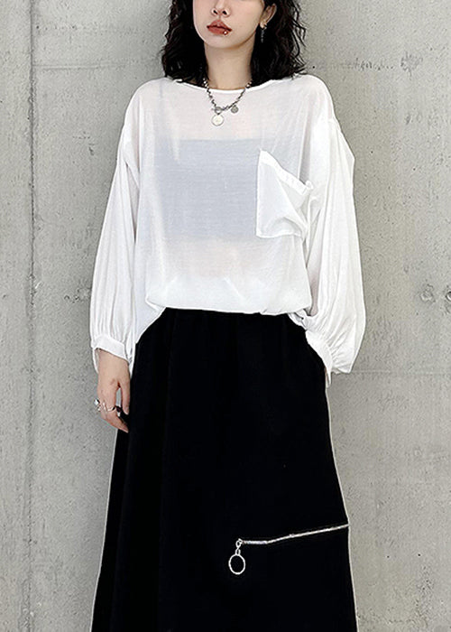 Simple White O Neck Pockets Patchwork Cotton Tops Batwing Sleeve Ada Fashion