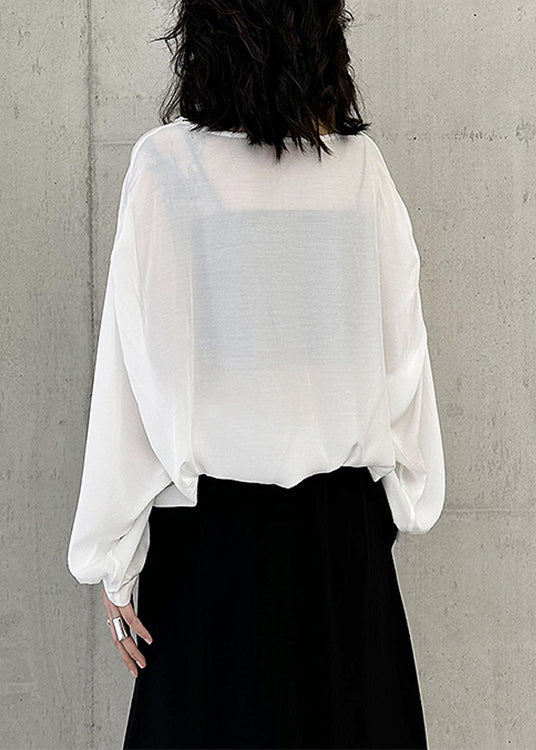 Simple White O Neck Pockets Patchwork Cotton Tops Batwing Sleeve Ada Fashion