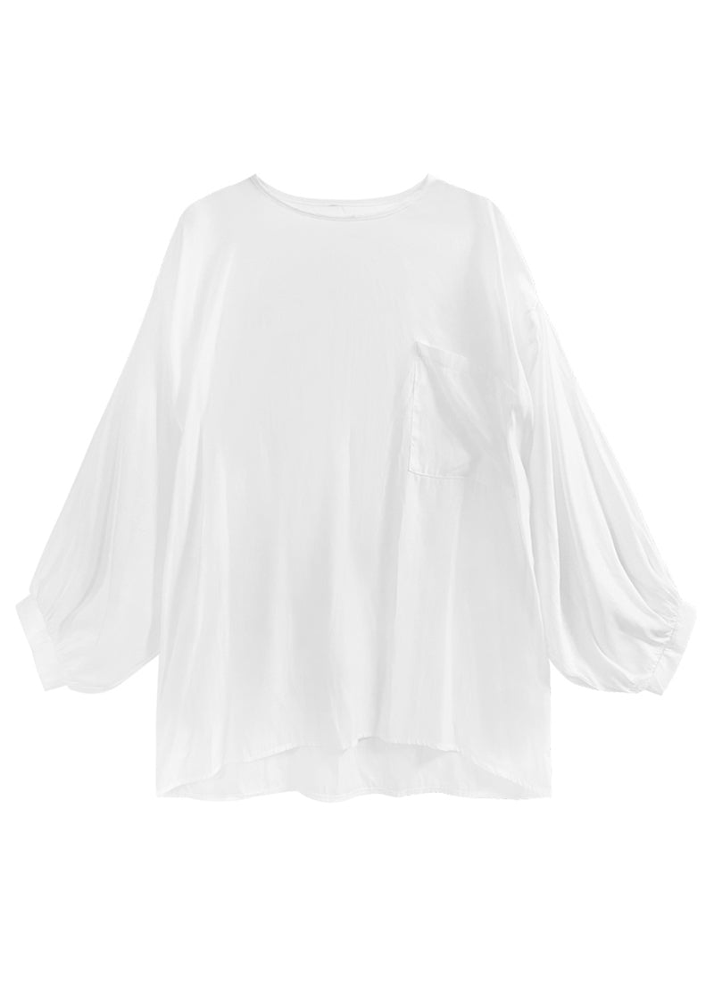 Simple White O Neck Pockets Patchwork Cotton Tops Batwing Sleeve Ada Fashion