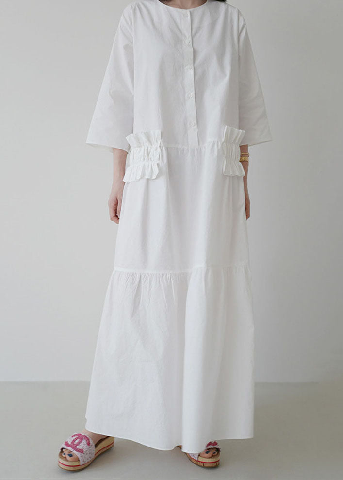 Simple White O Neck Ruffled Patchwork Cotton Dresses Summer LY1344 - fabuloryshop