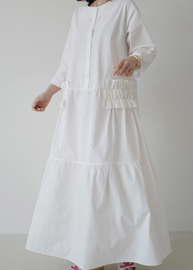 Simple White O Neck Ruffled Patchwork Cotton Dresses Summer LY1344 - fabuloryshop