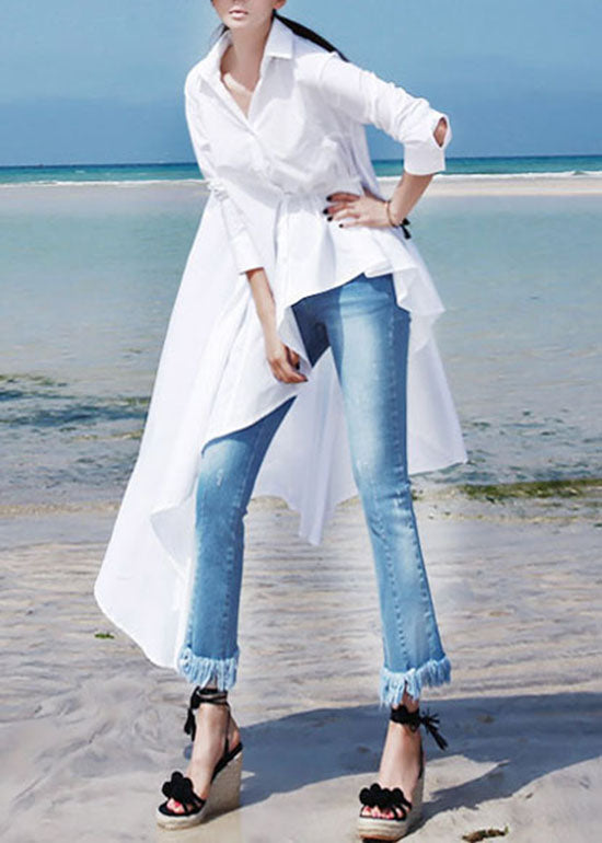 Simple White Peter Pan Collar Asymmetrical Cotton Long Shirt Spring LY2150 - fabuloryshop