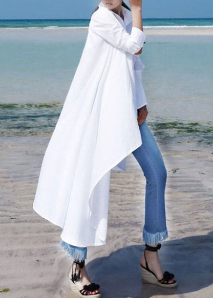 Simple White Peter Pan Collar Asymmetrical Cotton Long Shirt Spring LY2150 - fabuloryshop