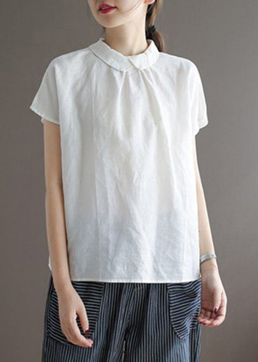 Simple White Peter Pan Collar Button Solid Ramie Top Short Sleeve Ada Fashion