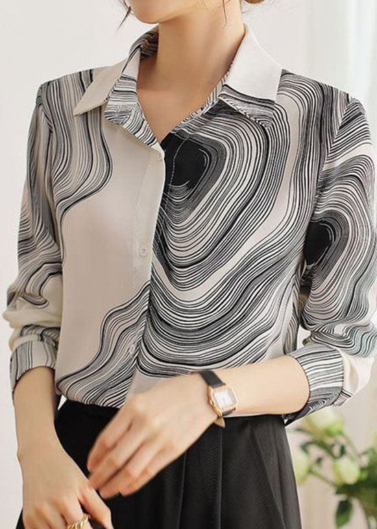 Simple White Peter Pan Collar Print Chiffon Shirt Tops Spring LY0352 - fabuloryshop