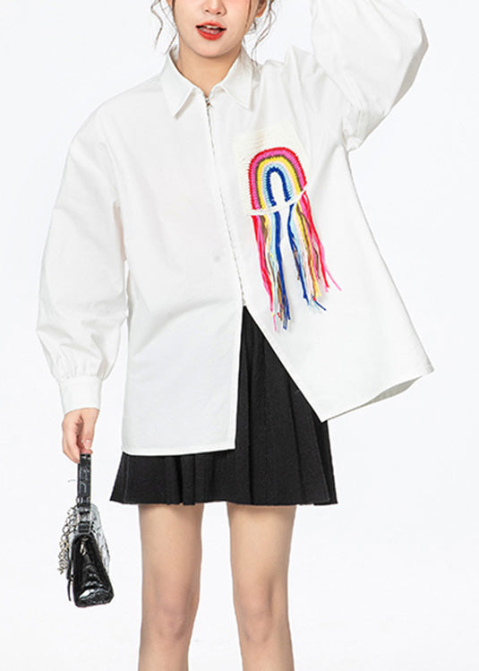 Simple White Peter Pan Collar Print Rainbow Zippered Button Cotton Shirt Puff Sleeve LY0797 - fabuloryshop