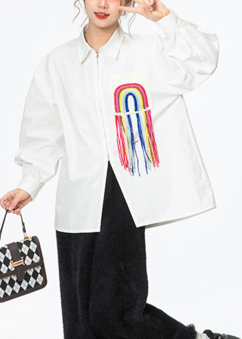 Simple White Peter Pan Collar Print Rainbow Zippered Button Cotton Shirt Puff Sleeve LY0797 - fabuloryshop