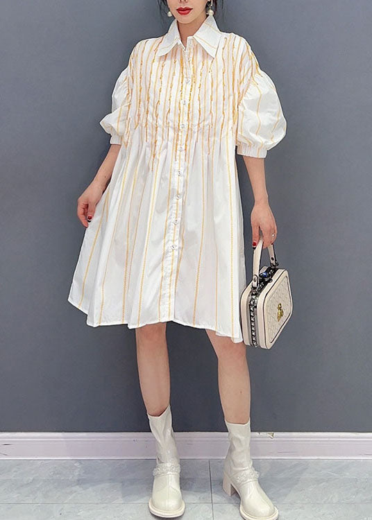 Simple White Peter Pan Collar Striped Cotton Shirts Dress Summer LC0332 - fabuloryshop