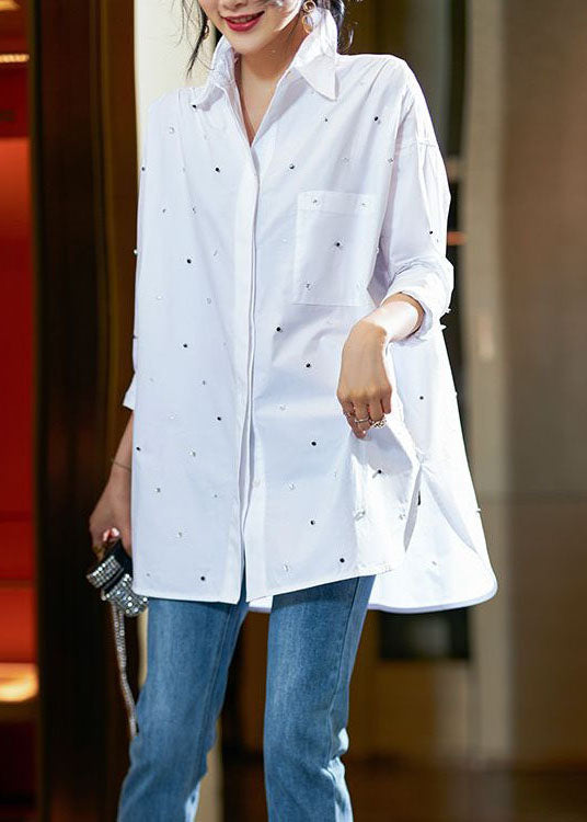 Simple White Peter Pan Collar Zircon Patchwork Cotton Shirts Top Spring LY3852 - fabuloryshop