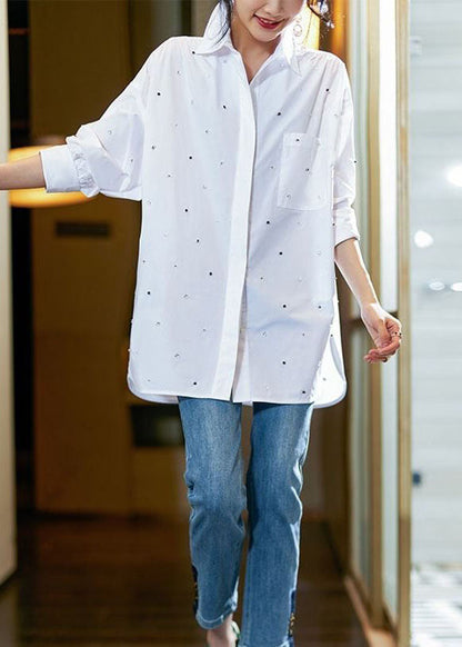 Simple White Peter Pan Collar Zircon Patchwork Cotton Shirts Top Spring LY3852 - fabuloryshop