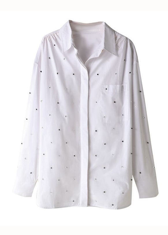 Simple White Peter Pan Collar Zircon Patchwork Cotton Shirts Top Spring LY3852 - fabuloryshop