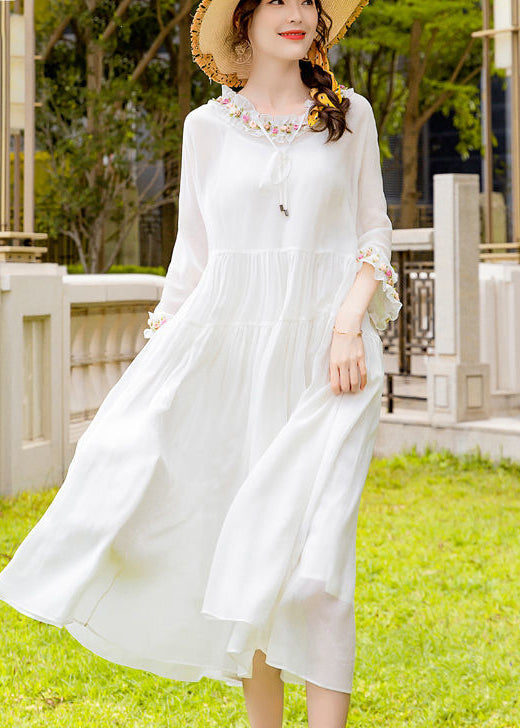 Simple White Ruffled Exra Large Hem Silk Long Dress AC3045