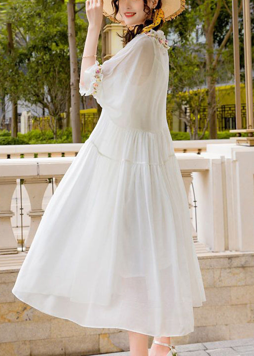 Simple White Ruffled Exra Large Hem Silk Long Dress Spring LY0739 - fabuloryshop