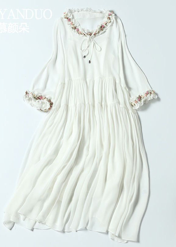 Simple White Ruffled Exra Large Hem Silk Long Dress Spring LY0739 - fabuloryshop