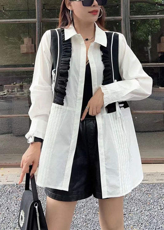 Simple White Ruffled Patchwork Wrinkled Cotton Shirt Long Sleeve Ada Fashion