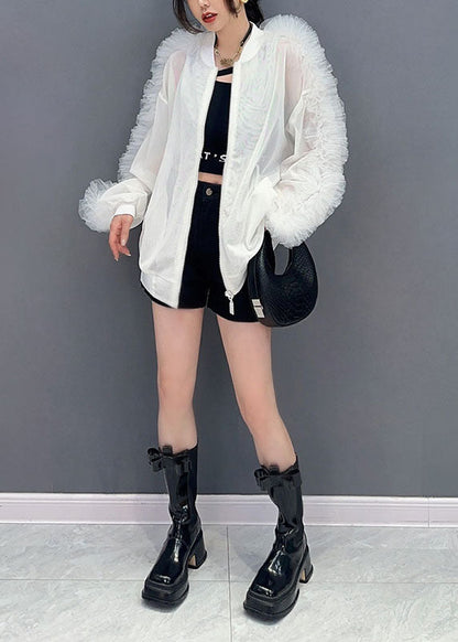 Simple White Ruffled Zippered Patchwork Tulle Jacket Summer LY5745 - fabuloryshop