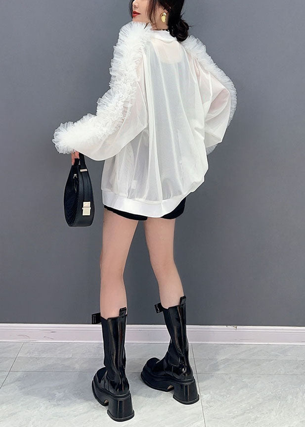 Simple White Ruffled Zippered Patchwork Tulle Jacket Summer LY5745 - fabuloryshop