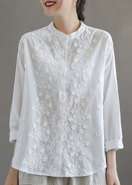 Simple White Stand Collar Embroideried Patchwork Cotton Blouses Long Sleeve TQ1052 - fabuloryshop