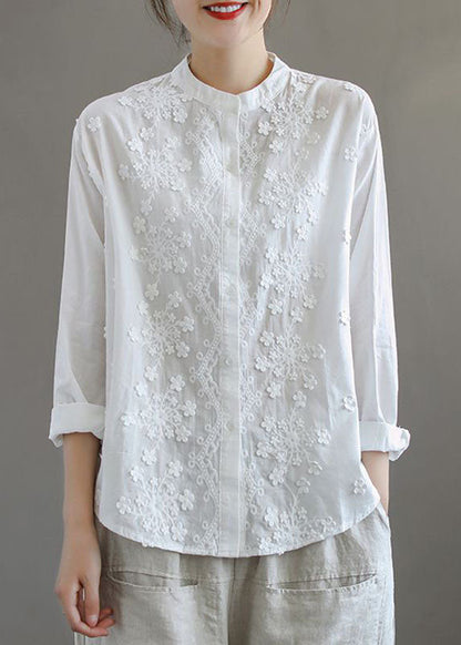 Simple White Stand Collar Embroideried Patchwork Cotton Blouses Long Sleeve TQ1052 - fabuloryshop