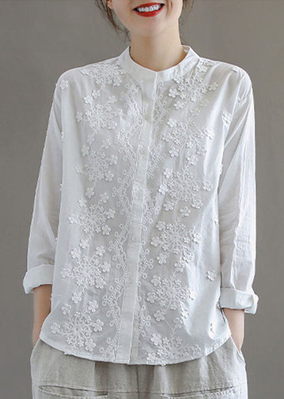 Simple White Stand Collar Embroideried Patchwork Cotton Blouses Long Sleeve TQ1052 - fabuloryshop