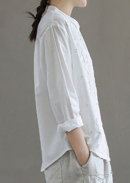 Simple White Stand Collar Embroideried Patchwork Cotton Blouses Long Sleeve TQ1052 - fabuloryshop