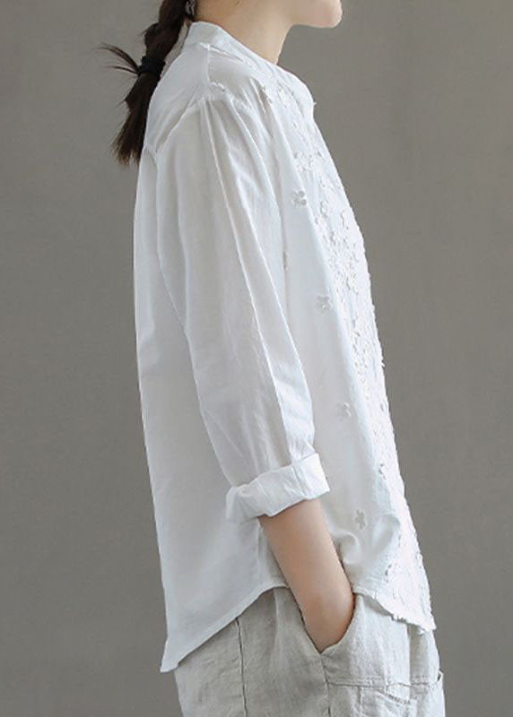 Simple White Stand Collar Embroideried Patchwork Cotton Blouses Long Sleeve Ada Fashion