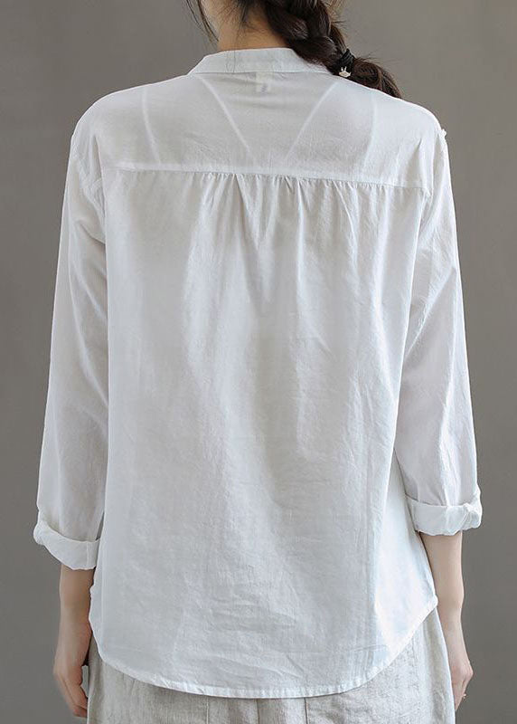 Simple White Stand Collar Embroideried Patchwork Cotton Blouses Long Sleeve TQ1052 - fabuloryshop