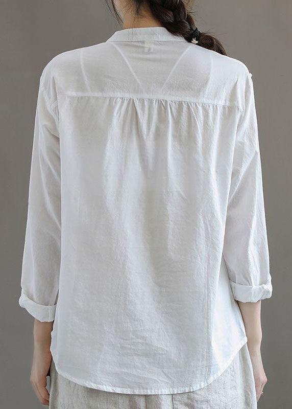 Simple White Stand Collar Embroideried Patchwork Cotton Blouses Long Sleeve Ada Fashion