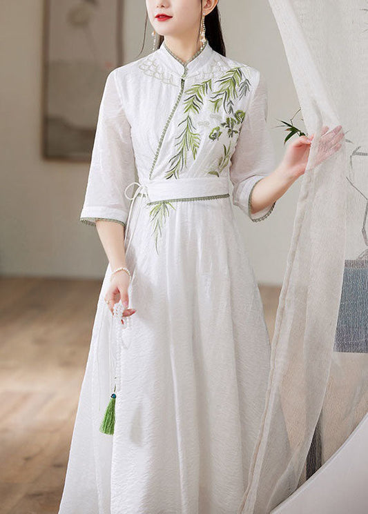 Simple White Stand Collar Embroideried Patchwork Silk Dress Spring LY1670 - fabuloryshop