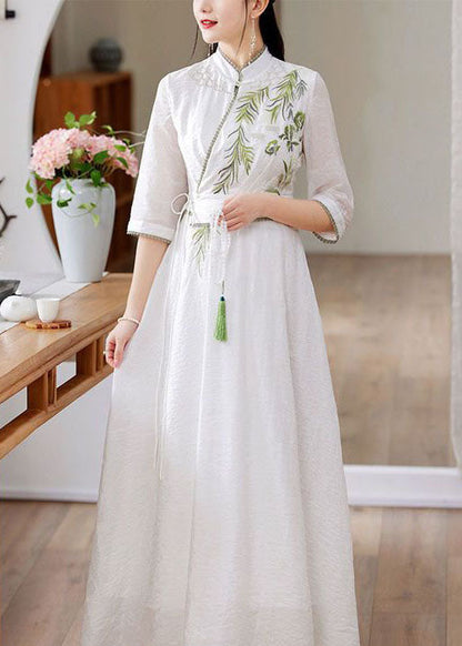 Simple White Stand Collar Embroideried Patchwork Silk Dress Spring LY1670 - fabuloryshop