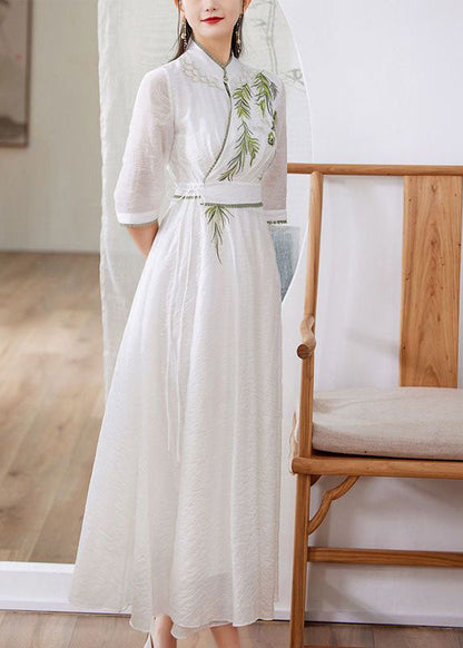 Simple White Stand Collar Embroideried Patchwork Silk Dress Spring LY1670 - fabuloryshop