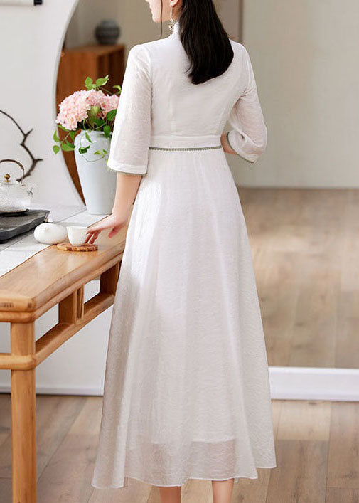 Simple White Stand Collar Embroideried Patchwork Silk Dress Spring LY1670 - fabuloryshop