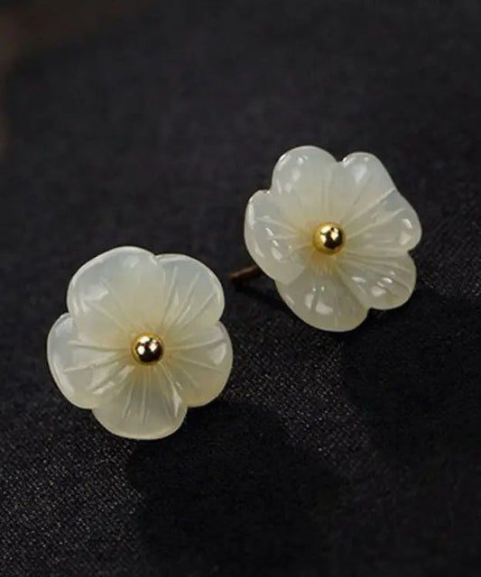 Simple White Sterling Silver Inlaid Jade Floral Stud Earrings Ada Fashion